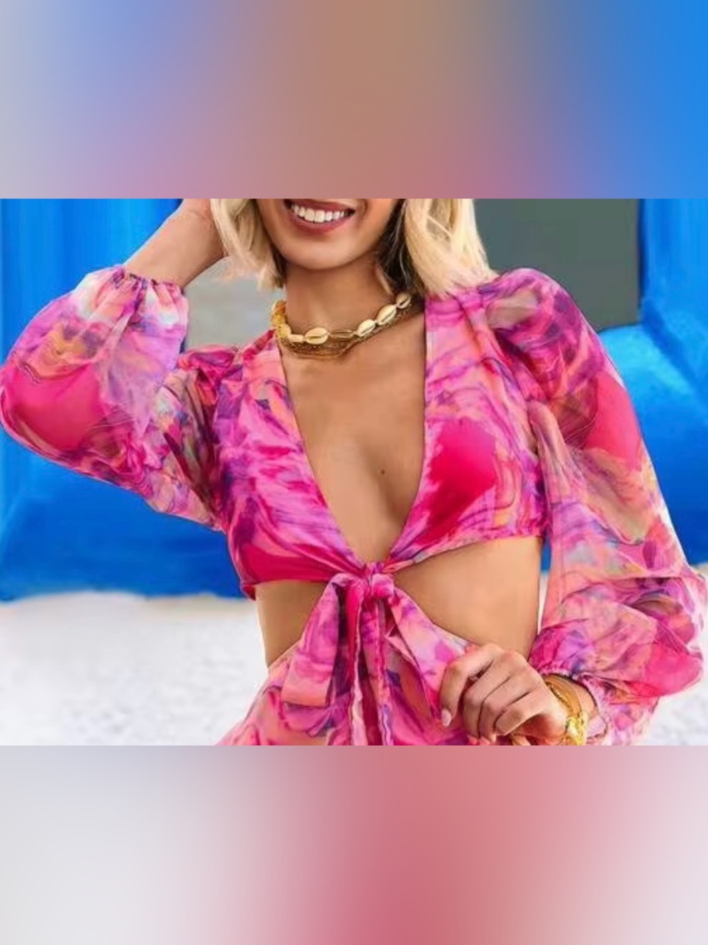 SHEIN Hot Pink Marble Watercolor Wrap Crop Top
